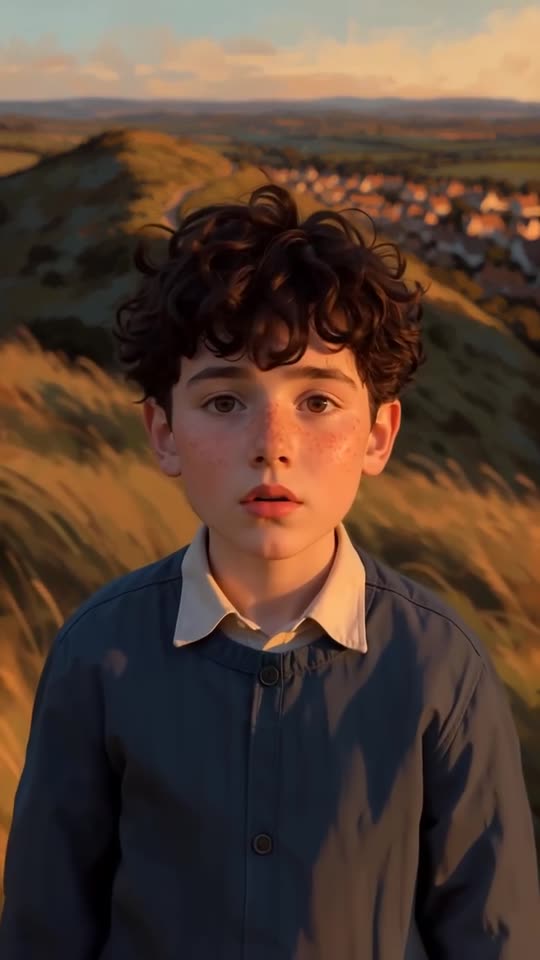 A boy on a coastal hillside at golden hour, from vignette 016.