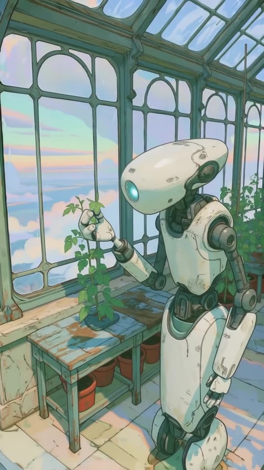 An illustrated robot tending seedlings in a glass greenhouse, from vignette 035.