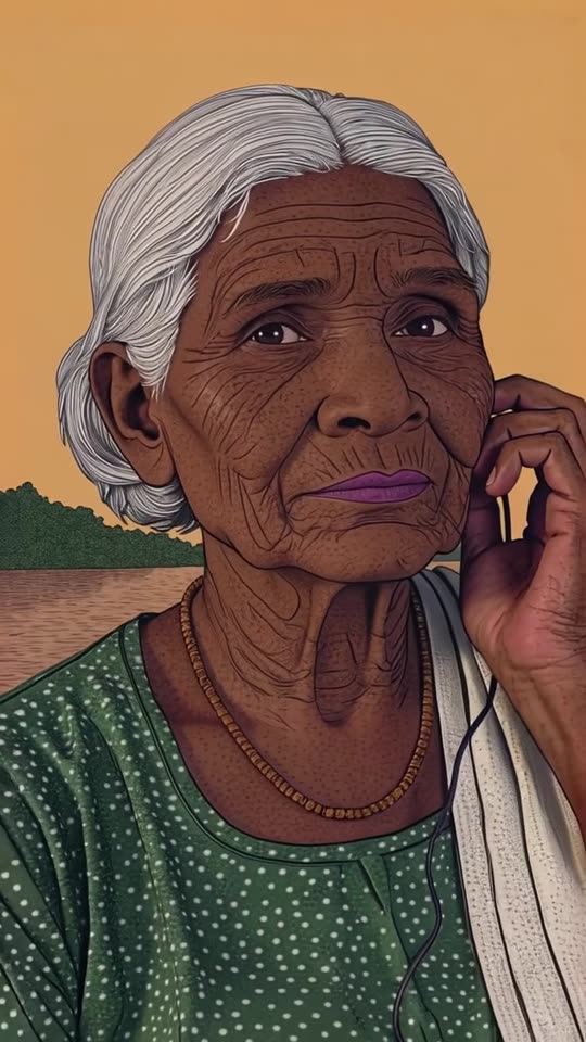 An illustrated portrait of an older woman holding an earpiece, from vignette 039.