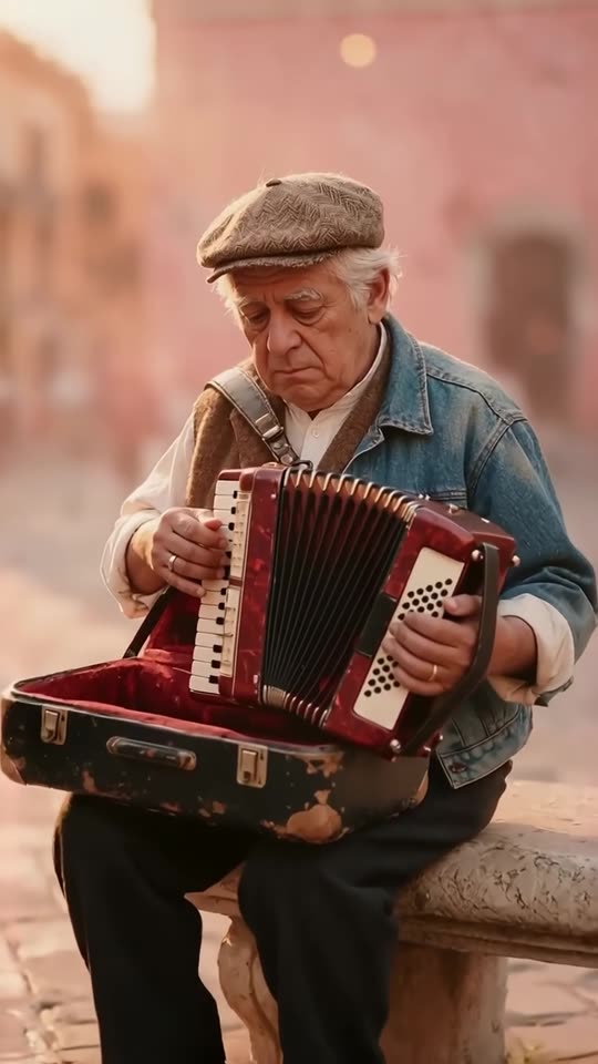 An older man in a flat cap playing an accordion against a sunlit wall, from vignette 044.