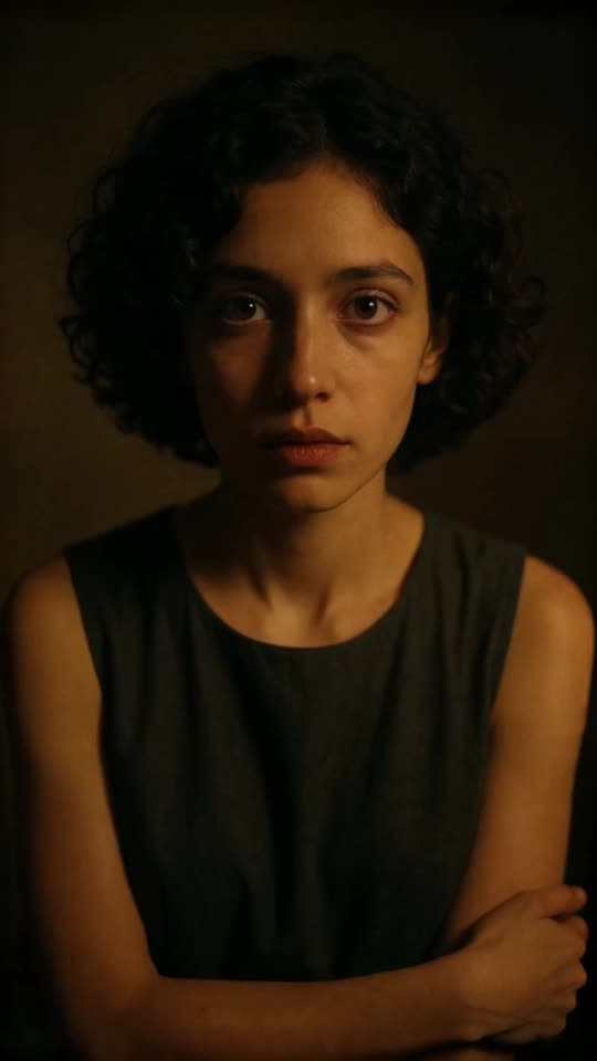 A low-key portrait of a woman with cropped dark hair, from vignette 047.