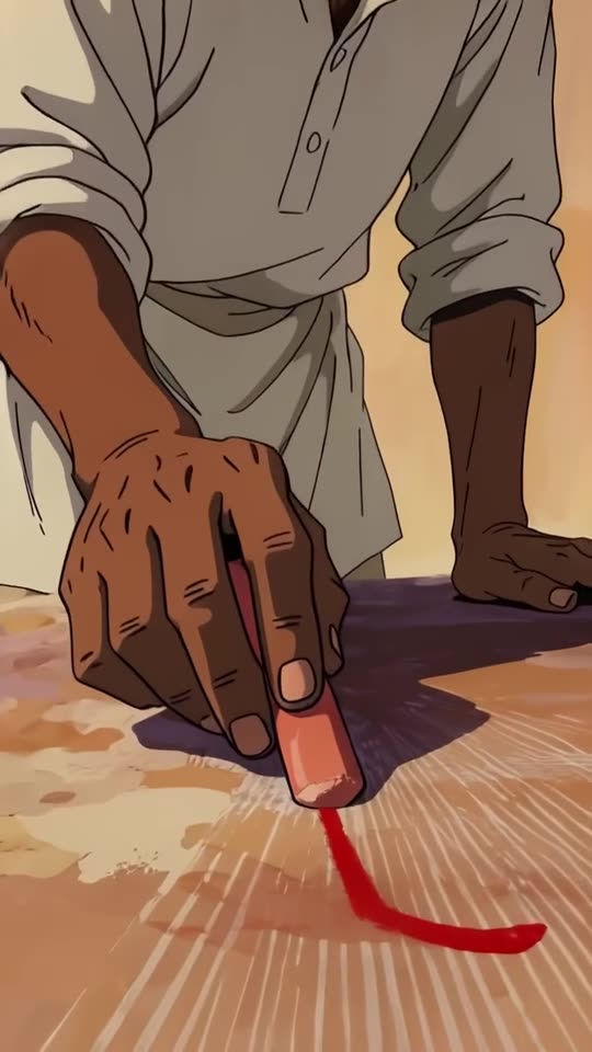 An illustrated close-up of two hands drawing a red line across paper, from vignette 052.
