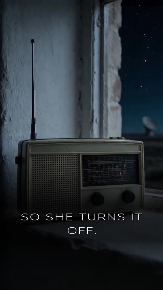 A wind-up shortwave radio on a windowsill at night, a dish of the array visible outside, from vignette 057.