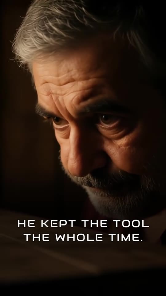 A repairer at his bench in low warm light, captioned: he kept the tool the whole time. From vignette 059.
