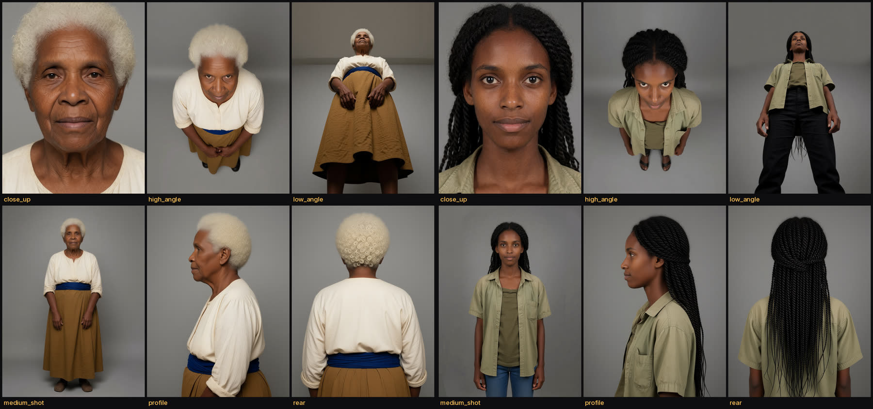 Two character reference sheets side by side, each six labeled panels on flat grey: Mereani on the left, Talei on the right.