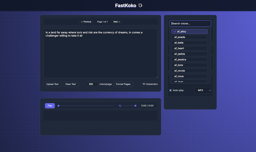 FastKoko TTS Interface showing voice selection and audio waveform