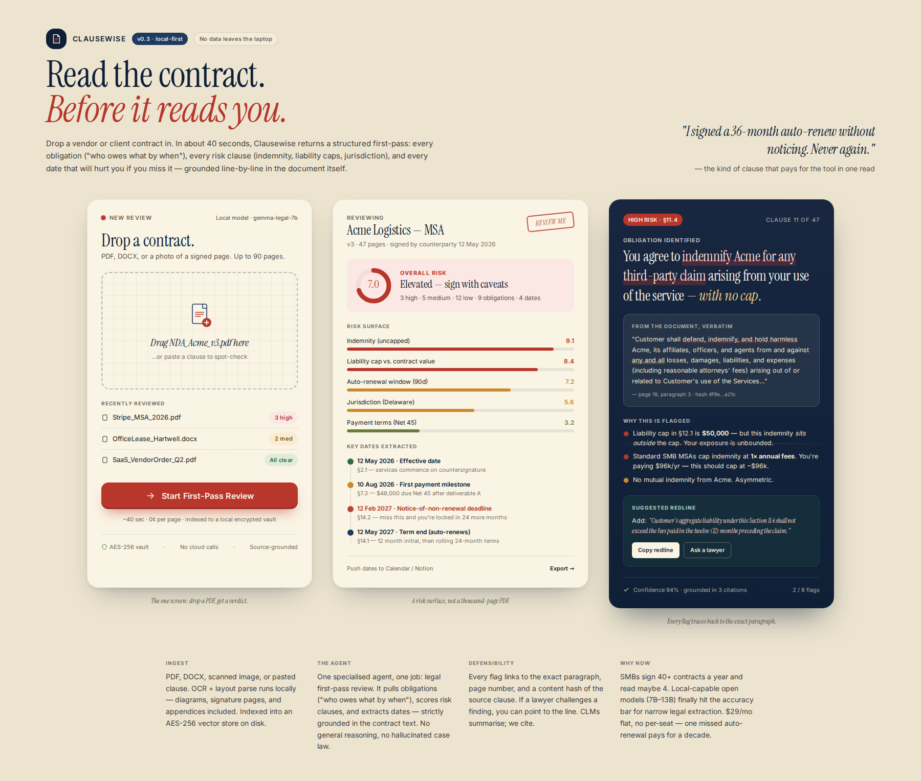 Concept mock for AI Contract Risk & Obligation Extractor for SMBs