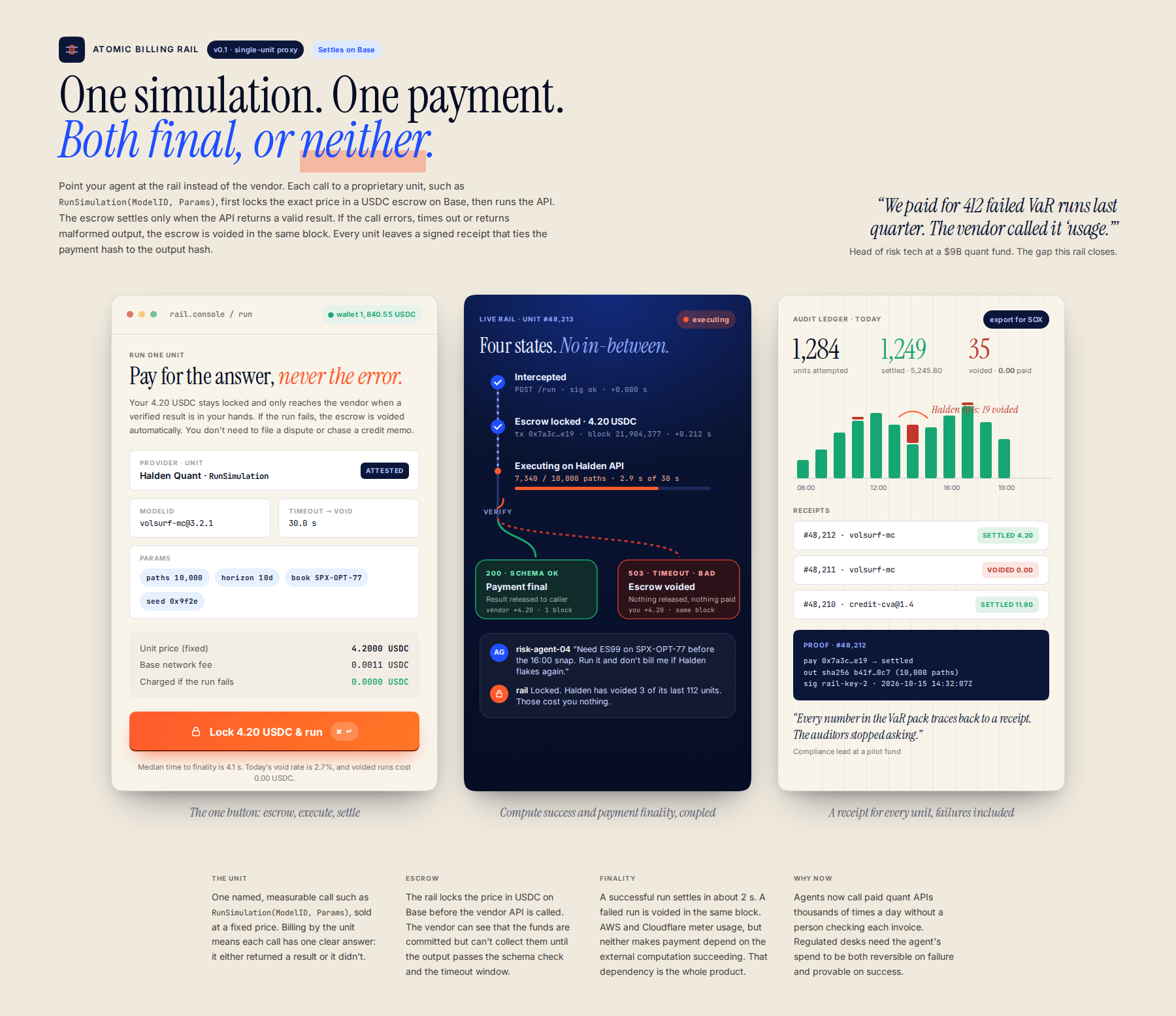 AI-rendered concept UI mock for Atomic Billing Rail for Single-Unit Proprietary Simulation APIs