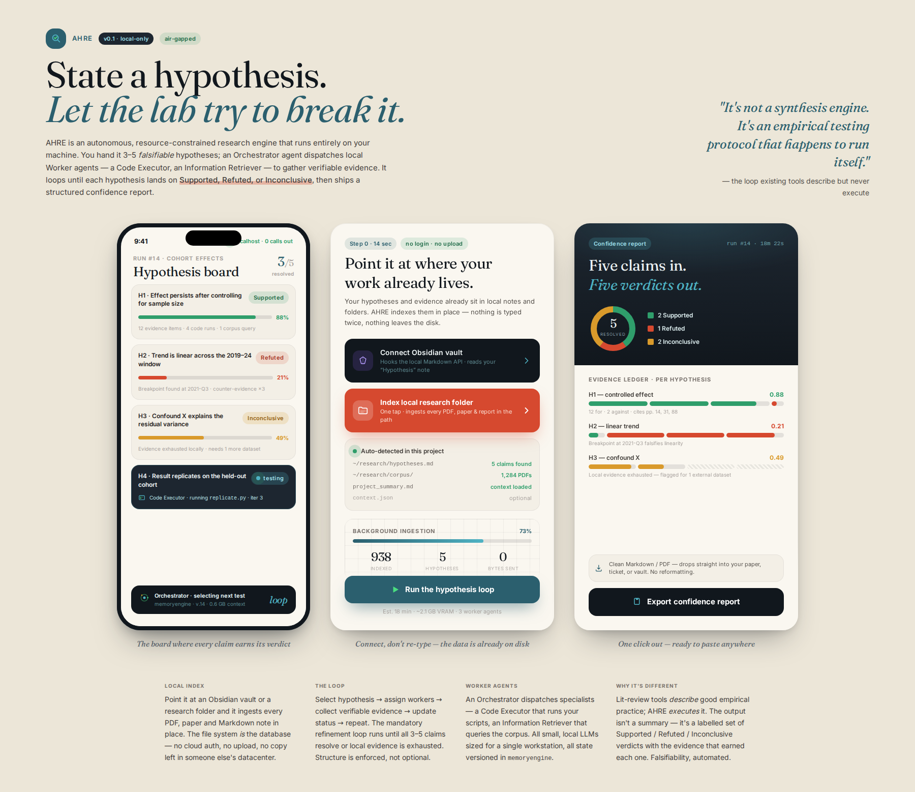 AI-rendered concept UI mock for Autonomous Hypothesis-Driven Research Engine (AHRE)