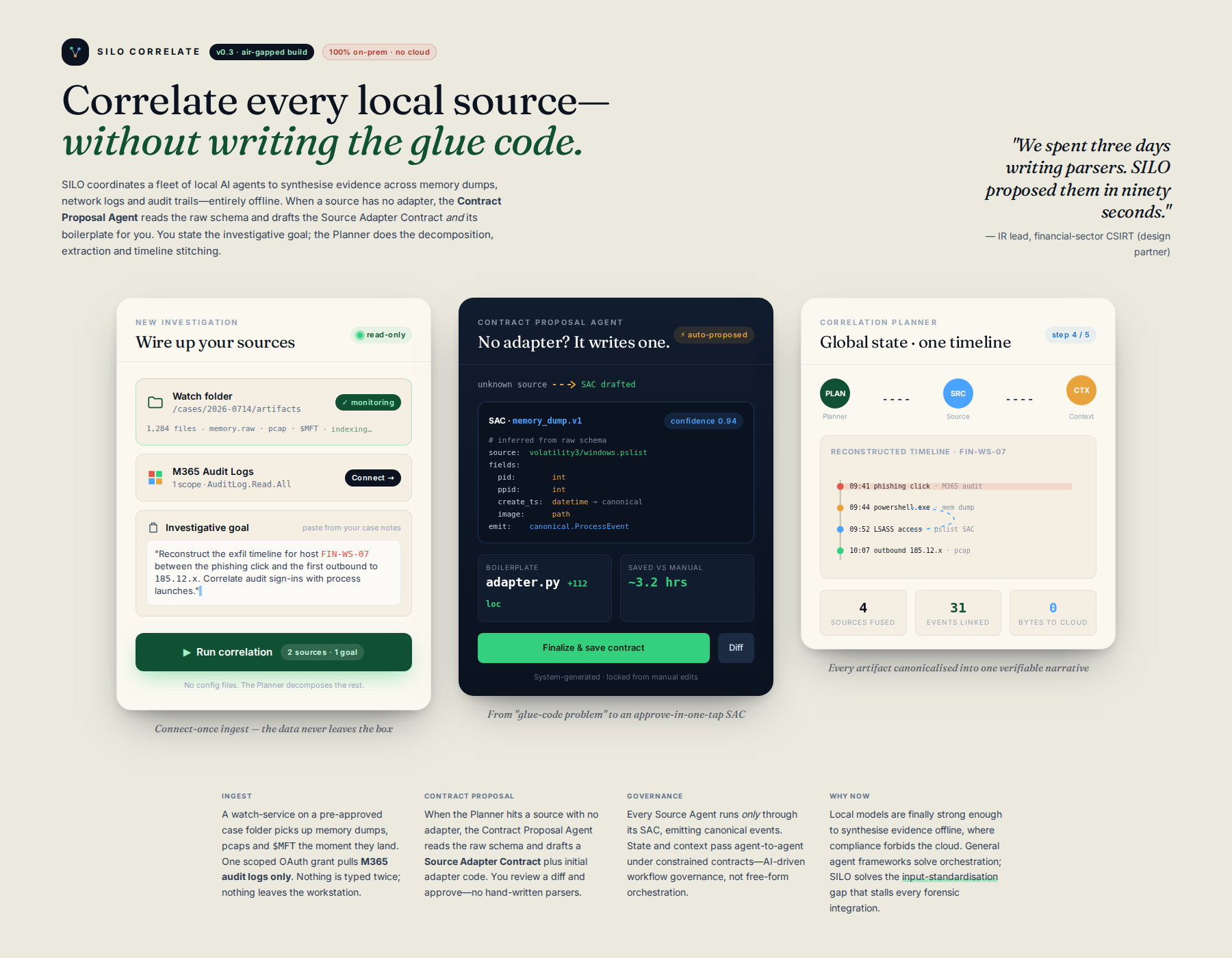 AI-rendered concept UI mock for Local Multi-Source Data Correlation Engine with Automated Contract Generation