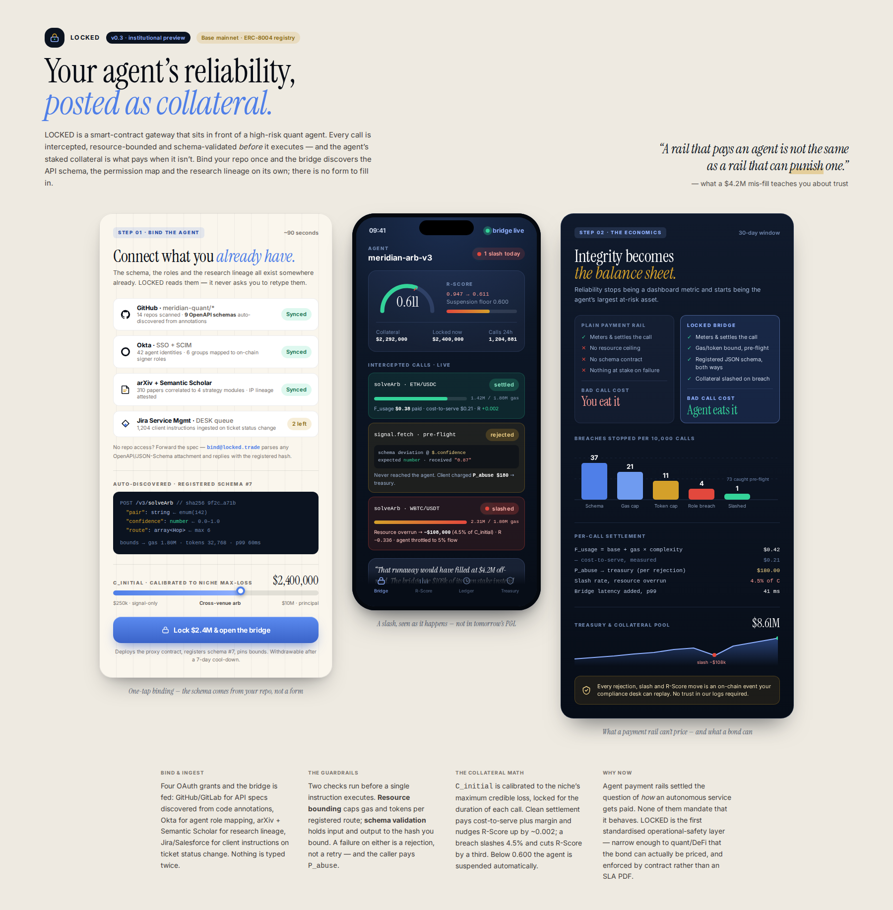 AI-rendered concept UI mock for LOCKED: Collateralized Trust Bridge for Quant Agent Execution