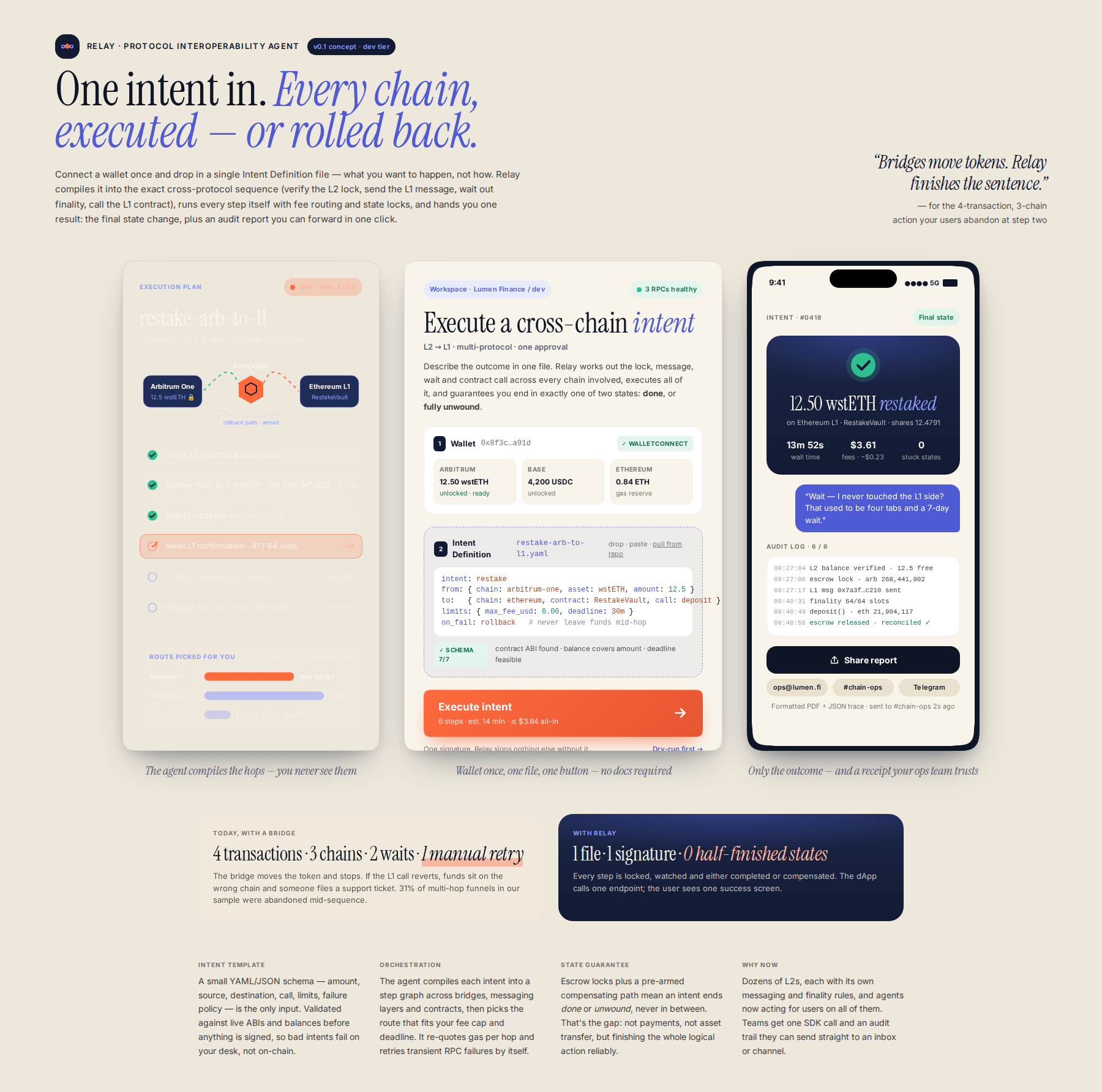 AI-rendered concept UI mock for Protocol Interoperability Agent for Cross-Chain Execution
