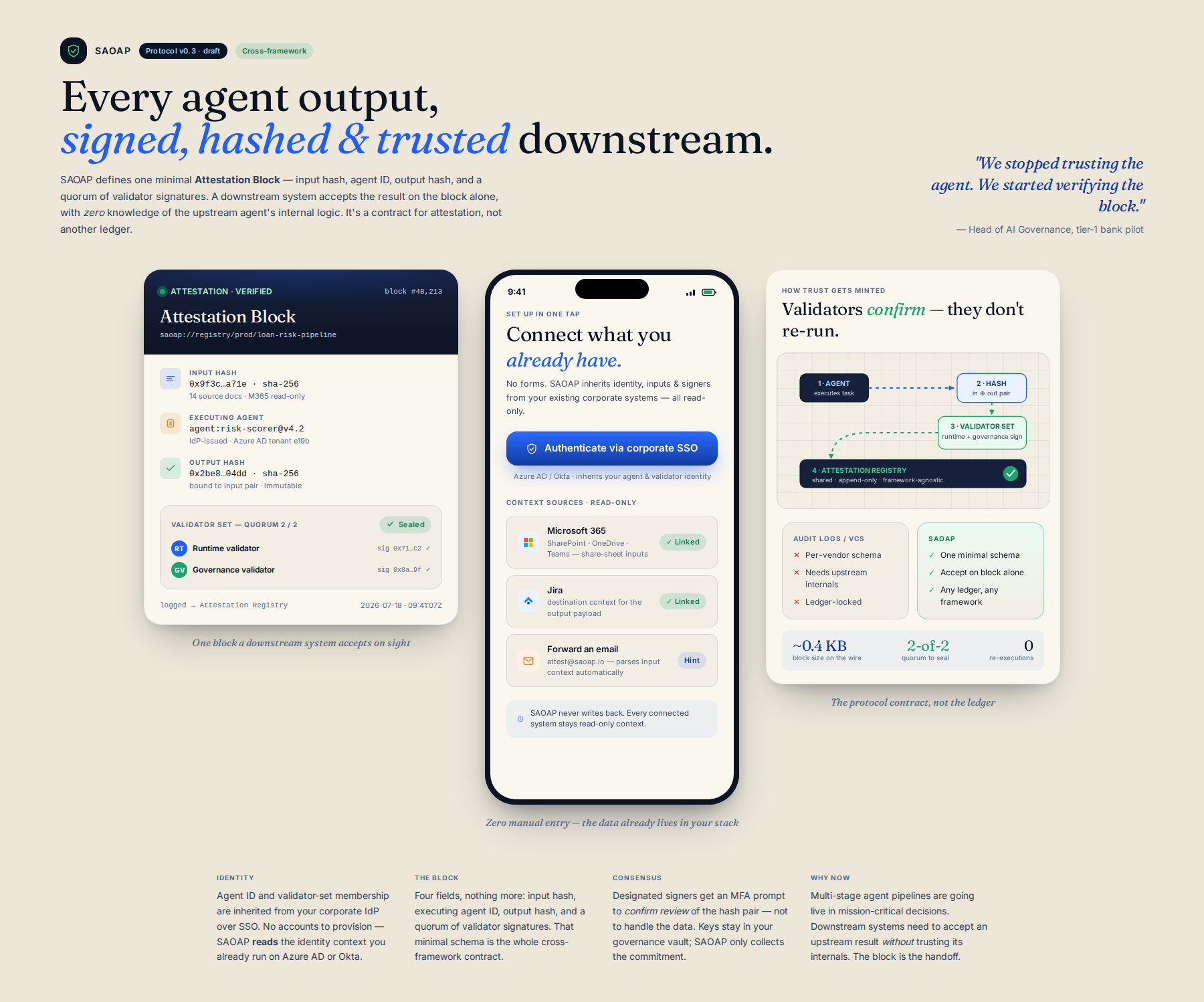 AI-rendered concept UI mock for Standardized Agent Output Attestation Protocol (SAOAP)